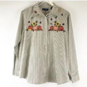 Vintage Pumpkin Patch Sunflower Fall Harvest Embroidered Button Front Shirt S 🌻